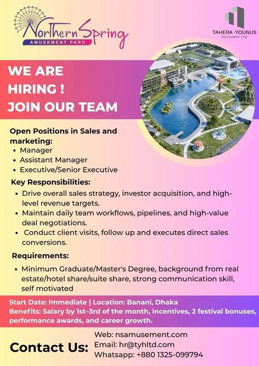 Northern Spring Amusement Park hiring poster: open positions in Sales and Marketing